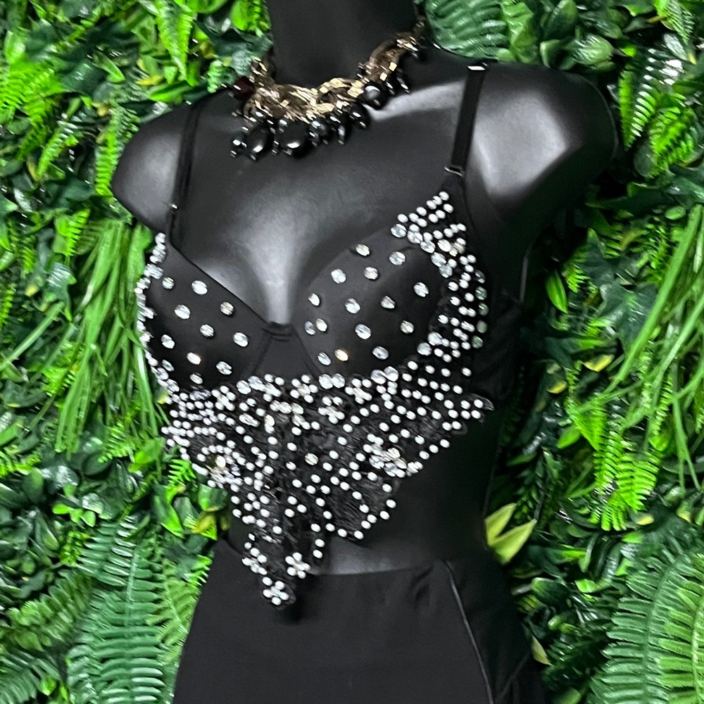 Love J Top Black Rhinestone Bra Party Festival‎ Rave Burlesque Lingerie 3112 - Picture 6 of 7